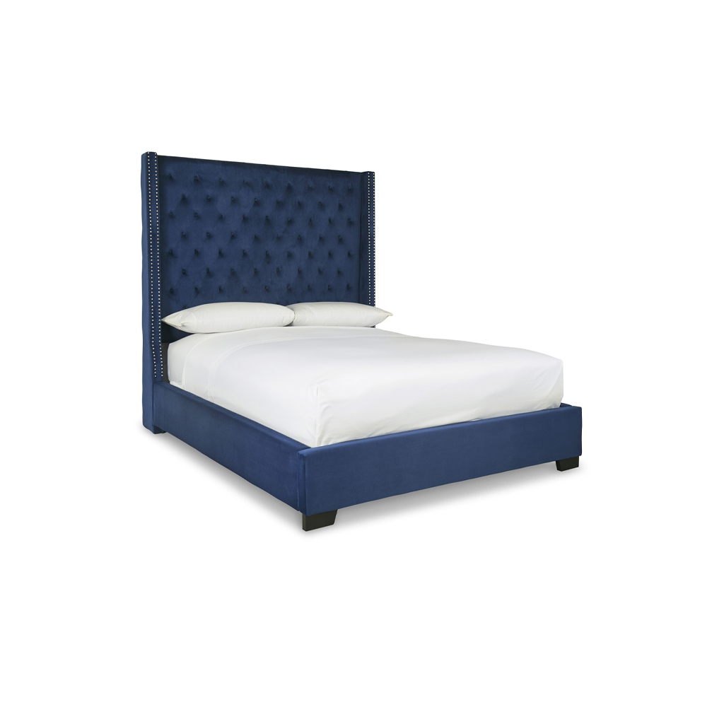 Ashley Coralayne Velvet Upholstered Queen Bed - Blue with Foundation M98